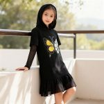 Black hooded dress with butterfly and daisy print + mesh sleeves