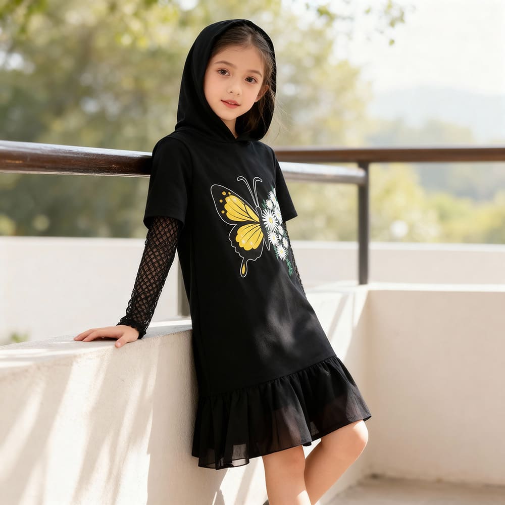 butterfly-mesh-layer-dress-styles-by-syl-girl Black hooded dress with butterfly and daisy print + mesh sleeves