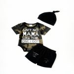 Camo bodysuit with “Ain’t No Mama Like The One I Got” + black shorts and hat