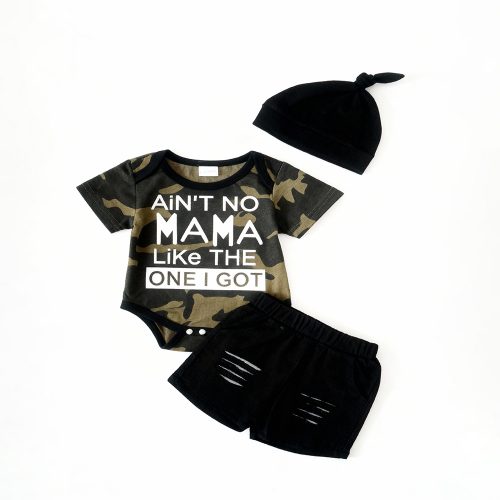Camo bodysuit with “Ain’t No Mama Like The One I Got” + black shorts and hat