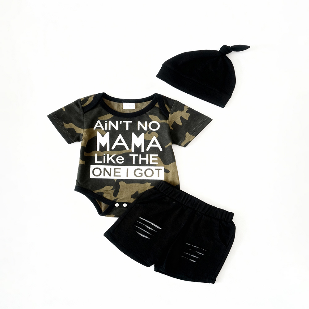 Camo bodysuit with “Ain’t No Mama Like The One I Got” + black shorts and hat