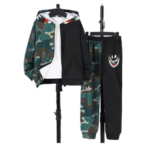 Green camo hoodie and black joggers with shark embroidery