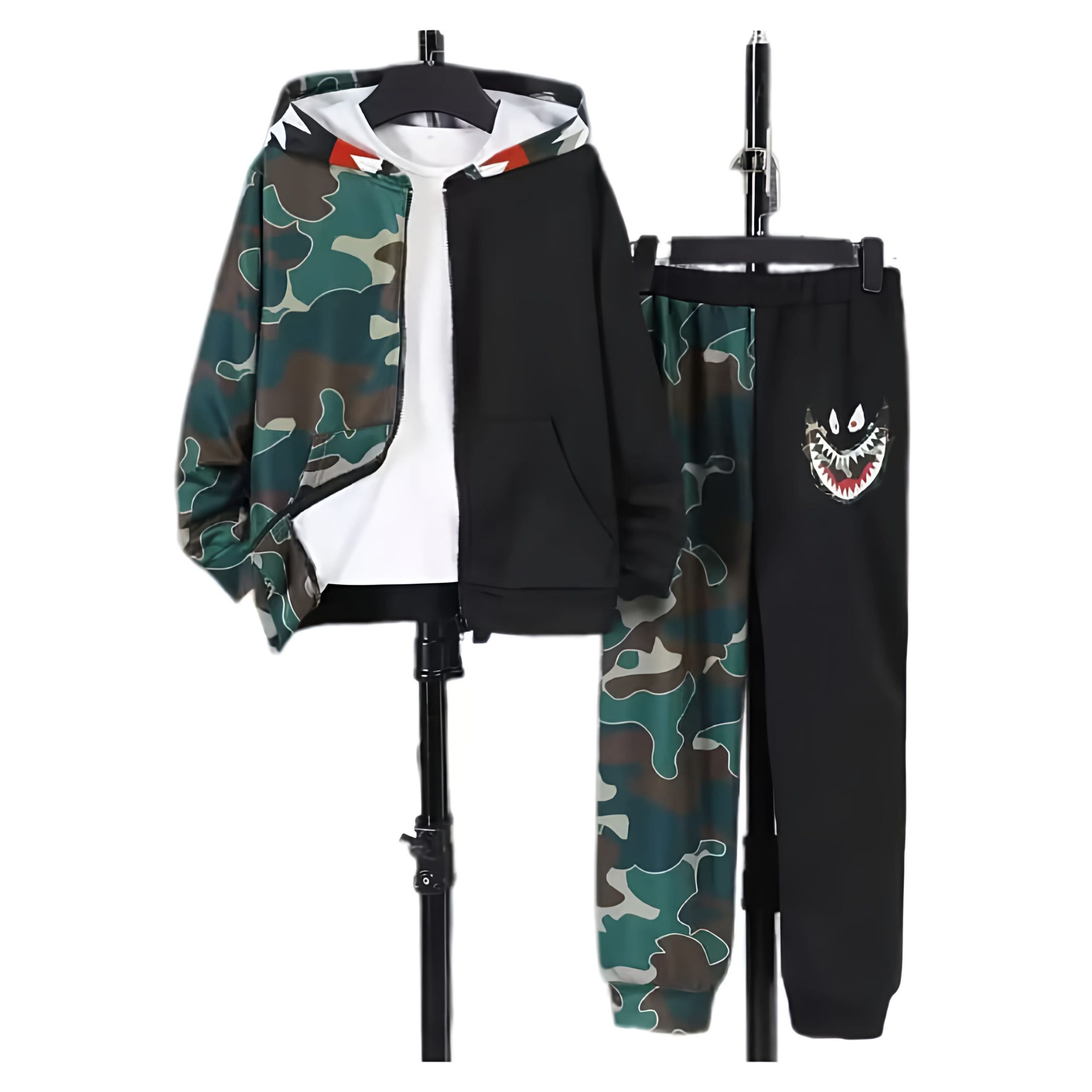 Green camo hoodie and black joggers with shark embroidery