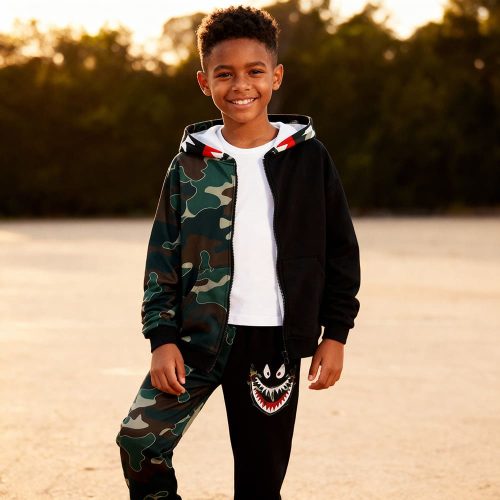 Green camo hoodie and black joggers with shark embroidery