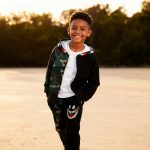 Green camo hoodie and black joggers with shark embroidery