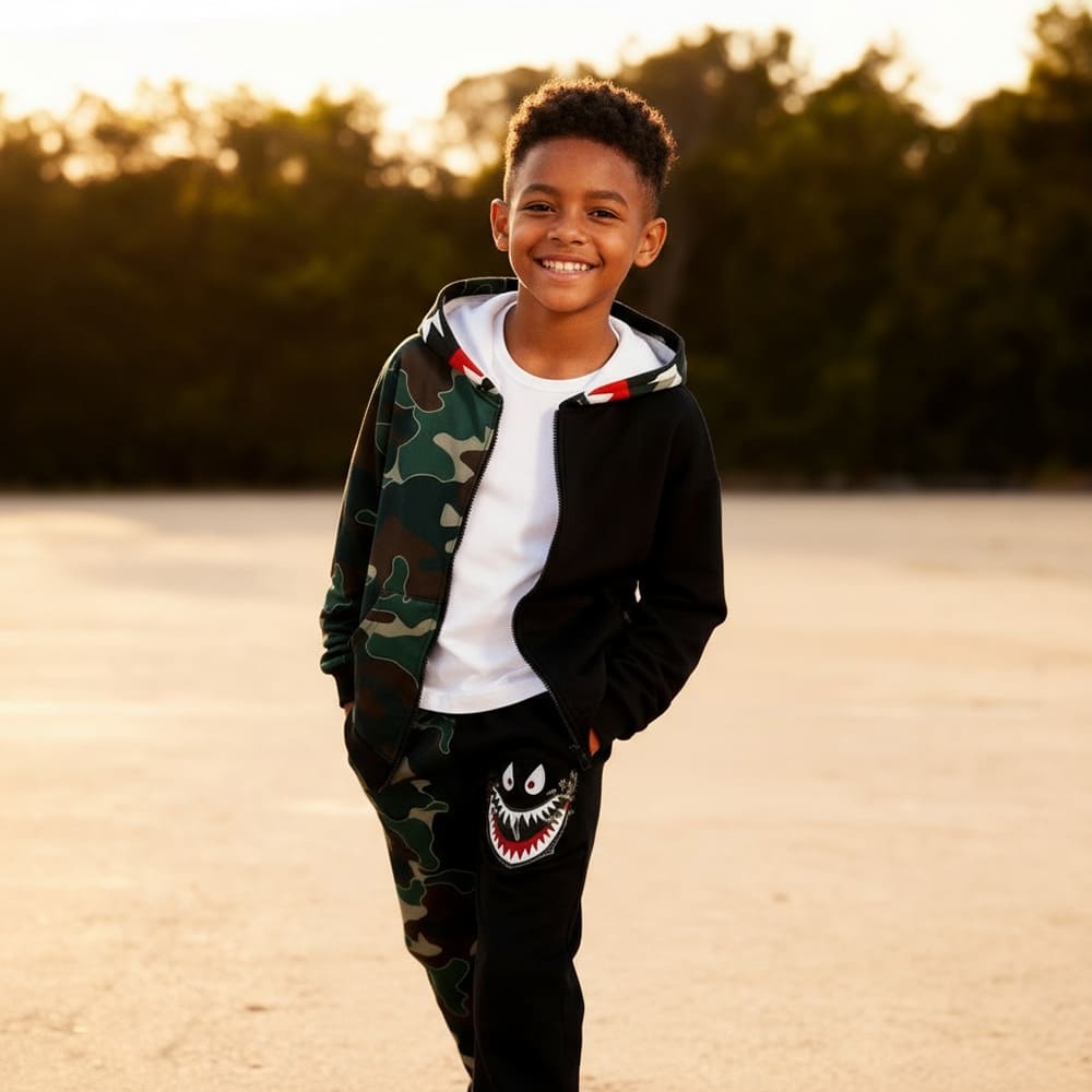 Green camo hoodie and black joggers with shark embroidery