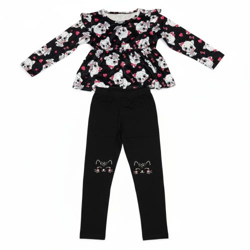 Girl wearing black cat print peplum top and matching leggings