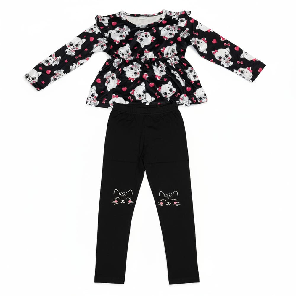 Girl wearing black cat print peplum top and matching leggings