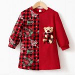 Red plaid and solid dress with teddy bear pocket for Christmas