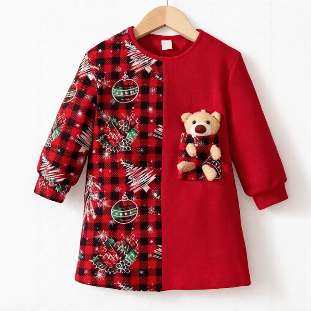 chriistmas-holiday-teddy-bear-dress-styles-by-syl Red plaid and solid dress with teddy bear pocket for Christmas