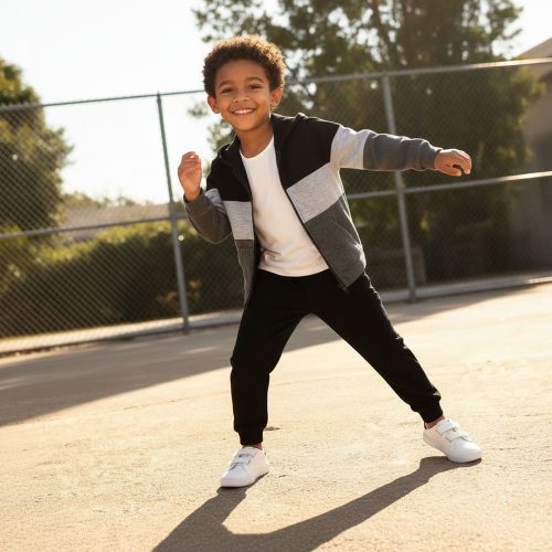Black-gray-white color block hoodie and black cargo joggers