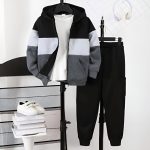 Black-gray-white color block hoodie and black cargo joggers