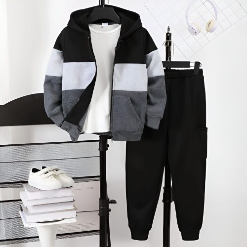 Black-gray-white color block hoodie and black cargo joggers