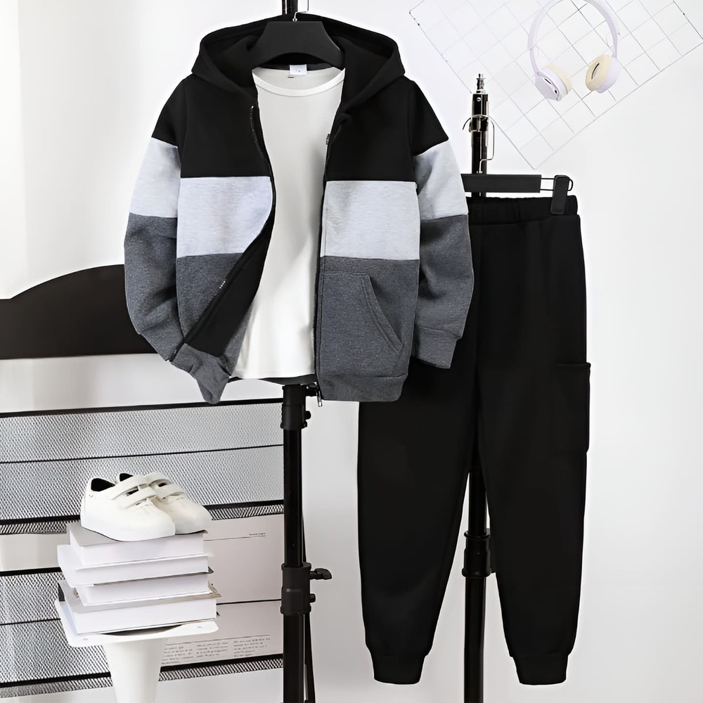 Black-gray-white color block hoodie and black cargo joggers