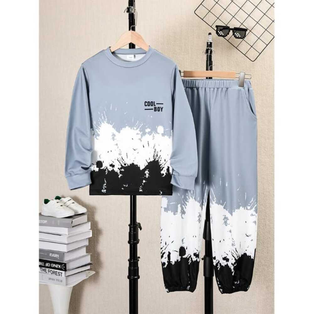 Light blue “Cool Boy” sweatshirt and joggers with paint splatter