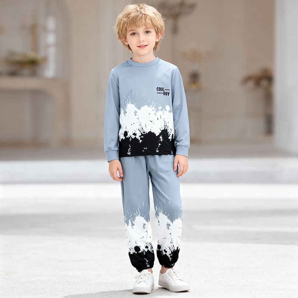 Light blue “Cool Boy” sweatshirt and joggers with paint splatter