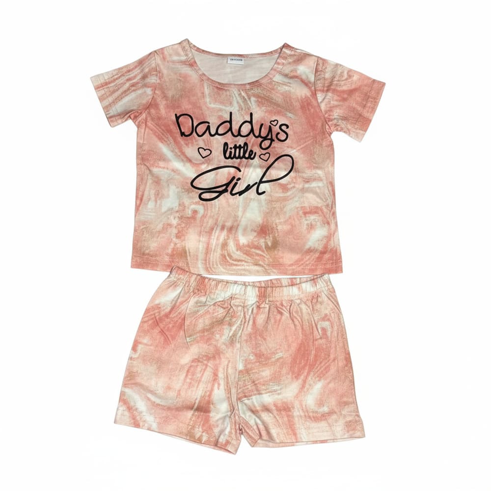 Girl wearing pink tie-dye “Daddy’s little Girl” top and matching shorts