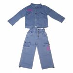 Girl in light blue denim jacket and cargo pants with pink graphics