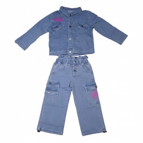 Girl in light blue denim jacket and cargo pants with pink graphics