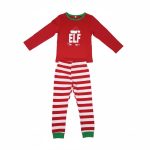 Kid wearing red “ELF” pajamas with striped pants
