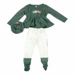 Sage green floral top and cream ruched pants