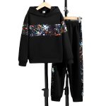 Black hoodie and joggers with colorful paint splatter panel