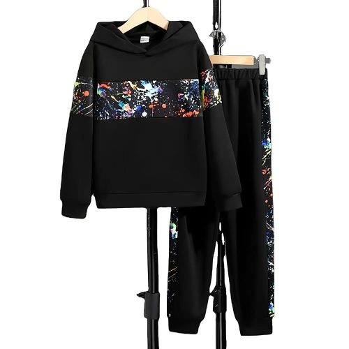 Black hoodie and joggers with colorful paint splatter panel