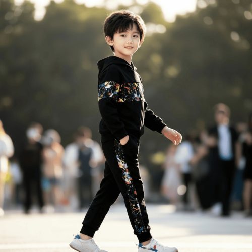 Black hoodie and joggers with colorful paint splatter panel