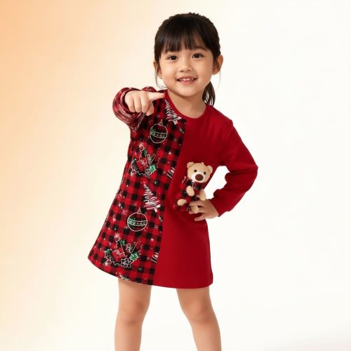 Red plaid and solid dress with teddy bear pocket