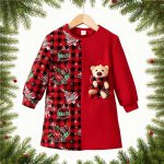 Red plaid and solid dress with teddy bear pocket