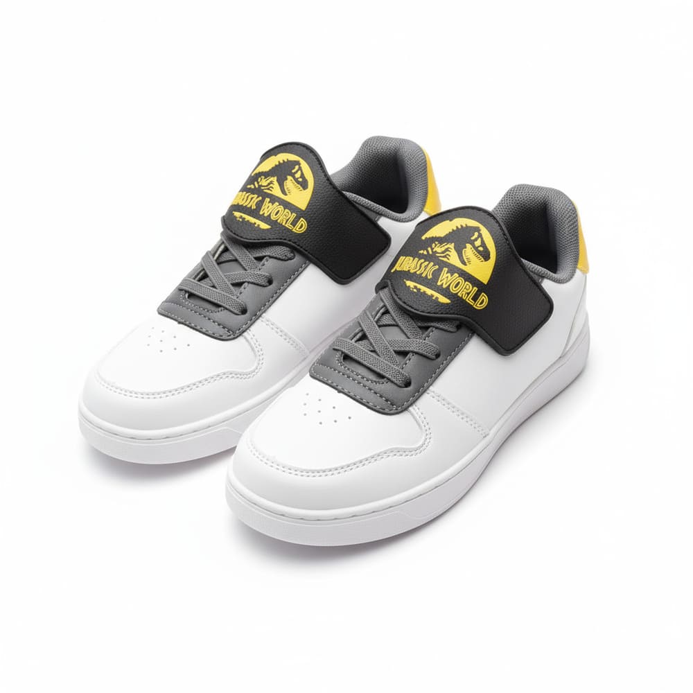 Boy’s white Jurassic World sneakers with gray and yellow details