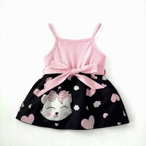 Pink ribbed bodice and black kitty print dress with bow