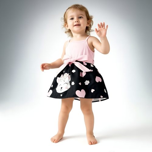 Pink ribbed bodice and black kitty print dress with bow