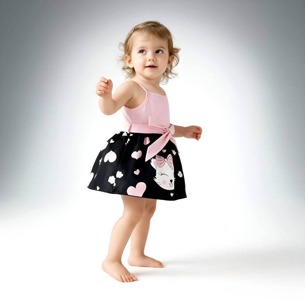 Pink ribbed bodice and black kitty print dress with bow