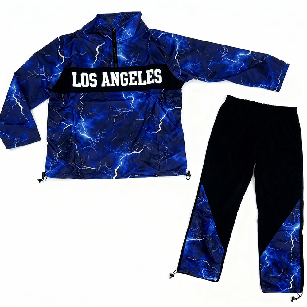 Blue lightning-print top and black joggers with lightning panels
