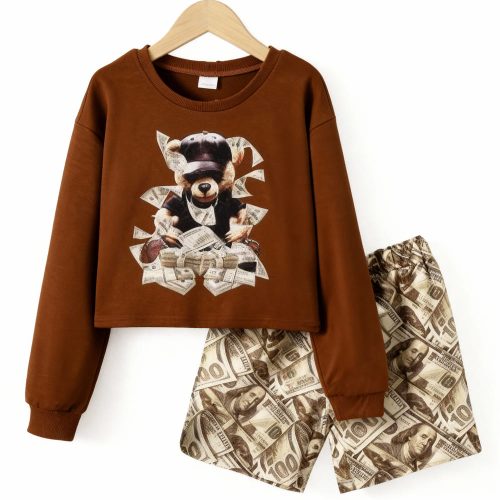 Girl wearing brown money bear sweatshirt and matching money-print pants
