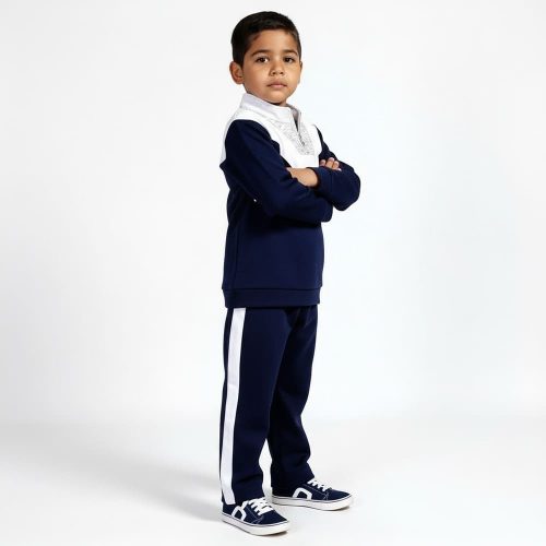 Navy quarter-zip top and striped joggers
