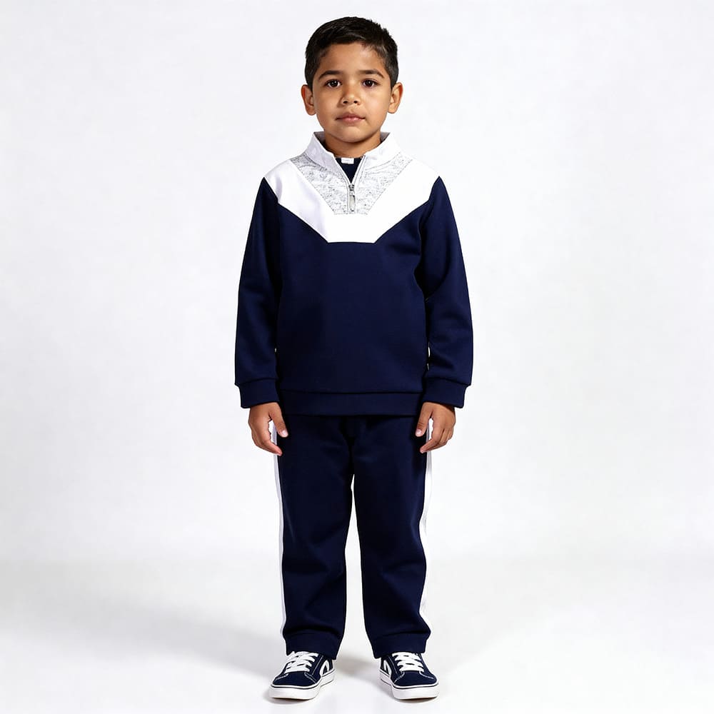 Navy quarter-zip top and striped joggers