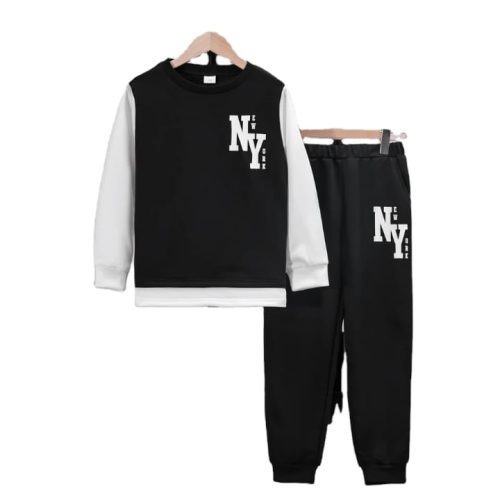 Boy in black-white color block sweatshirt with NY logo and black joggers