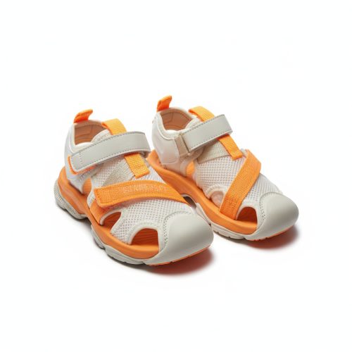 Kid’s white mesh sandals with orange straps and velcro