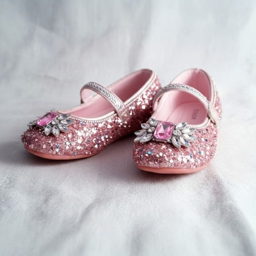 Girl’s pink glitter Mary Jane shoes with pink gemstone flower