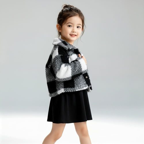 Black-and-white plaid faux fur jacket and black spaghetti strap dress for girls