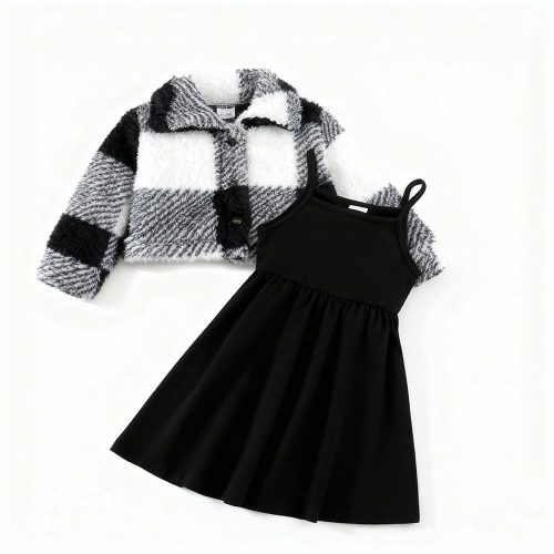 Black-and-white plaid faux fur jacket and black spaghetti strap dress