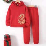 Boy wearing red hoodie with gold dragon embroidery and red joggers