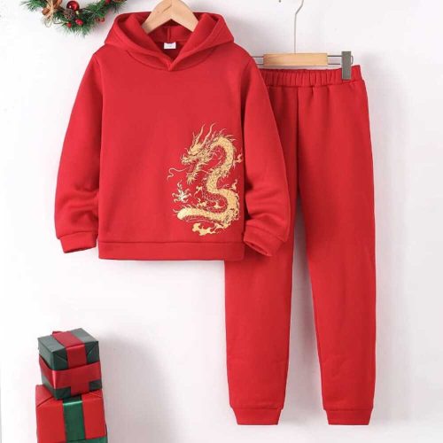 Boy wearing red hoodie with gold dragon embroidery and red joggers