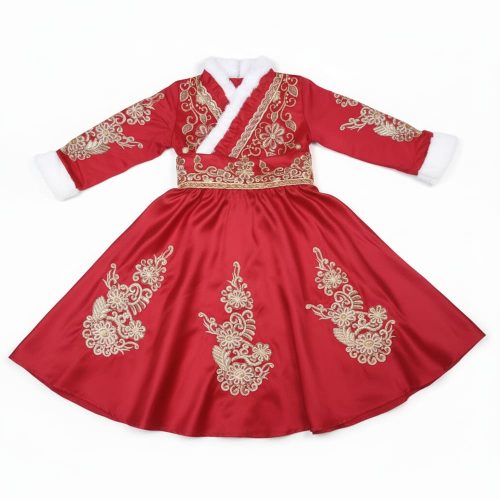 Girl wearing red satin dress with gold embroidery and white faux fur