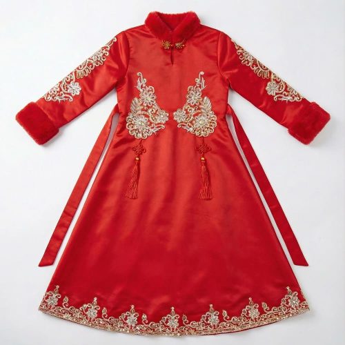 Girl wearing red silk cheongsam with gold embroidery and tassels