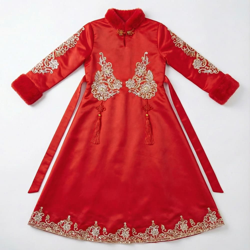Girl wearing red silk cheongsam with gold embroidery and tassels