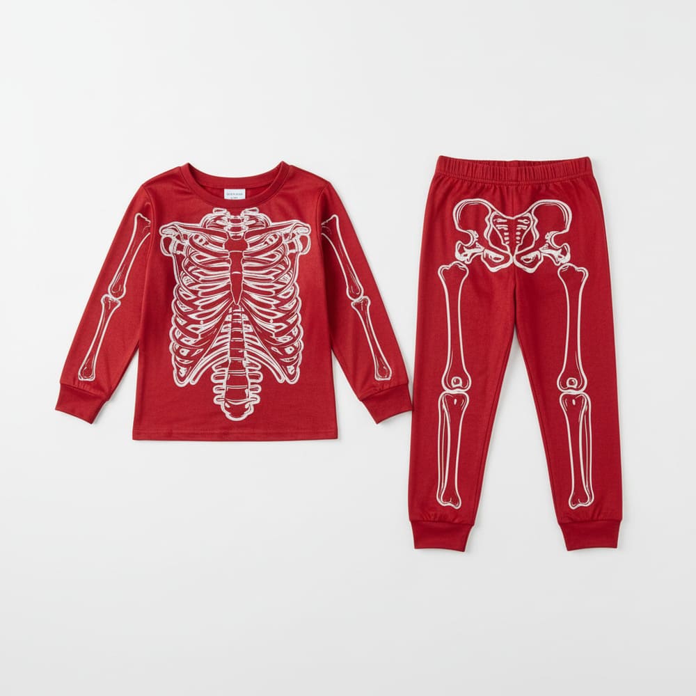 Boy wearing red skeleton print pajamas
