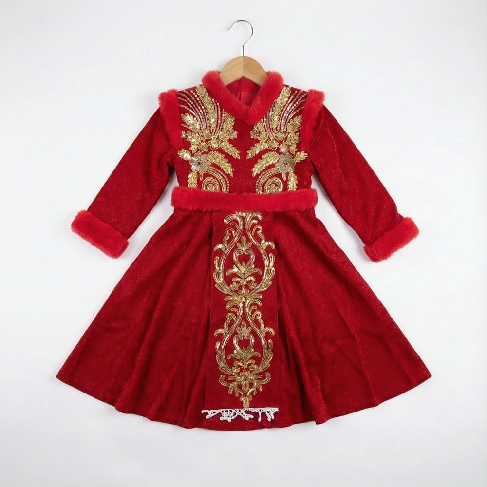 Girl wearing red velvet dress with gold embroidery and faux fur trim